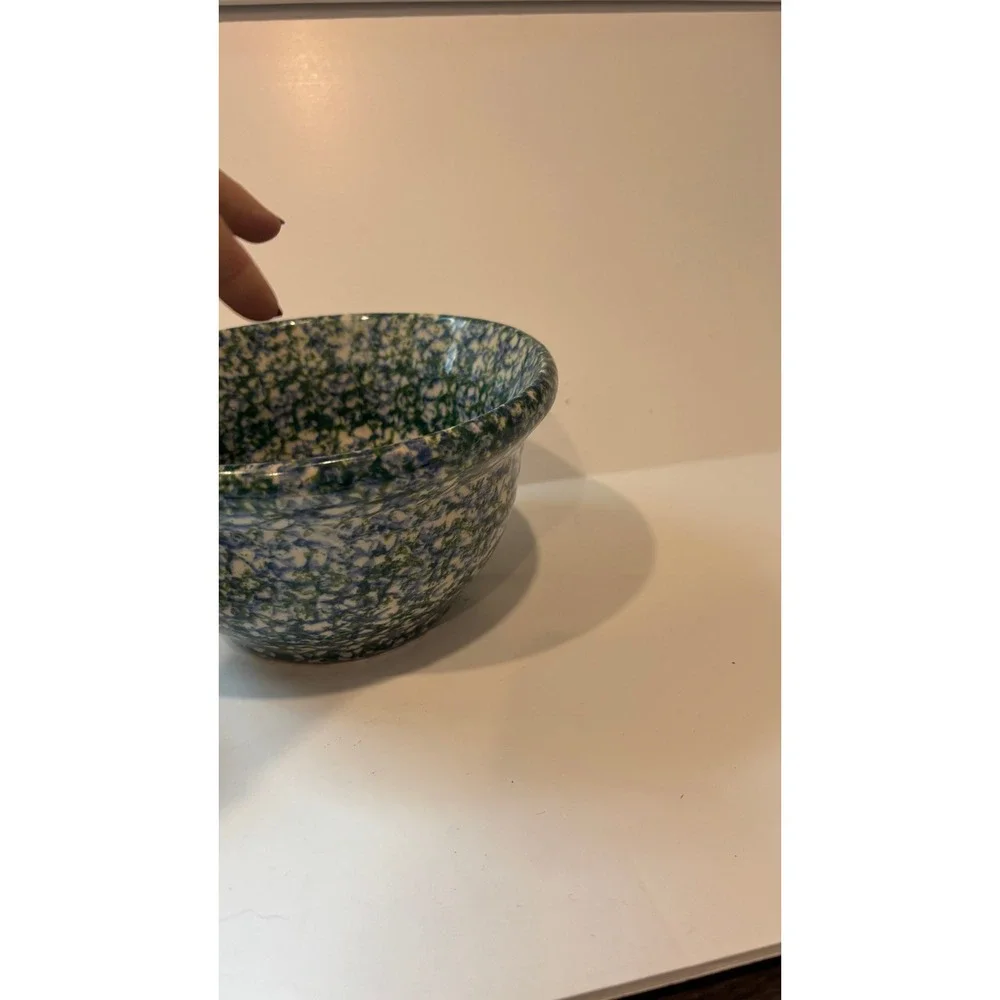 Vintage Spongeware Stoneware Bowl Blue Green Speckled Ceramic with 6 Faux Apples